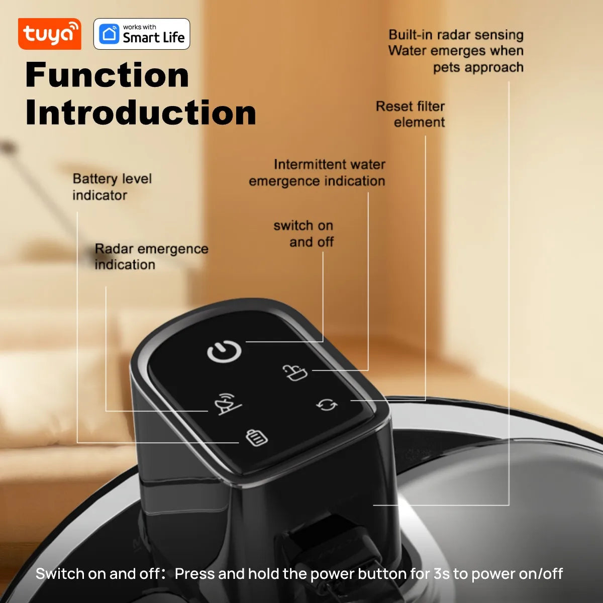 TuyaSmart Cat Fountain Battery Operated,Cat Water FountainSUS304Radar Sensing withMotion Sensor,Ultra Quiet PumpMulti-Filtration