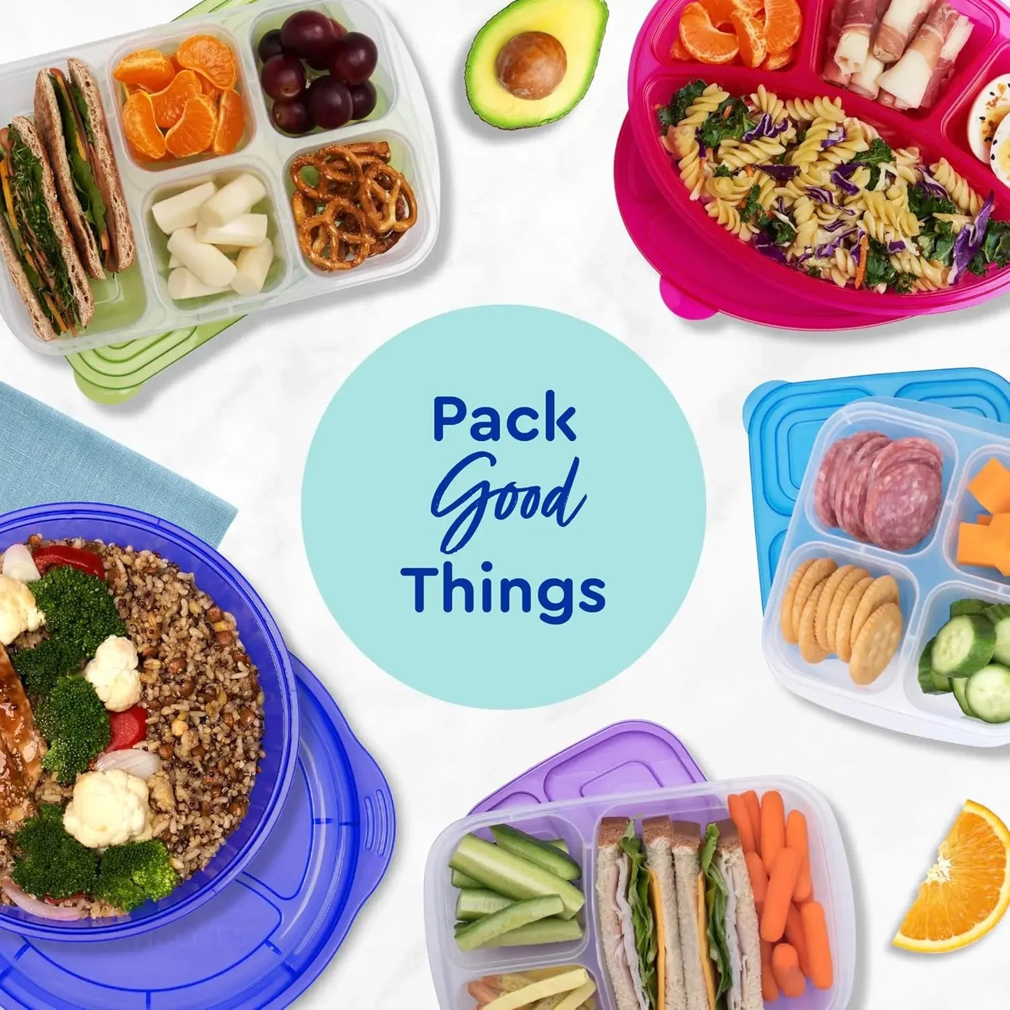 5 Pack Bento Snack Boxes - Reusable 4-Compartment Food Containers for School, Work and Travel