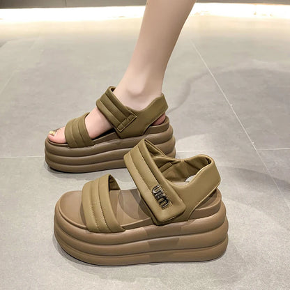 2025 Summer Women Chunky Sandals Leather High Platform Trainers Breathable Casual Slippers Shoes Woman 8.5CM Heels Wedge Sneaker