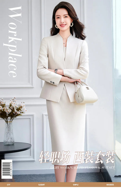 Office Suit Women Collarless Blazer + Vest Dress Set Executive Lady Workwear Elegant 2 Piece Set Long Sleeve Pink Suit Jacket