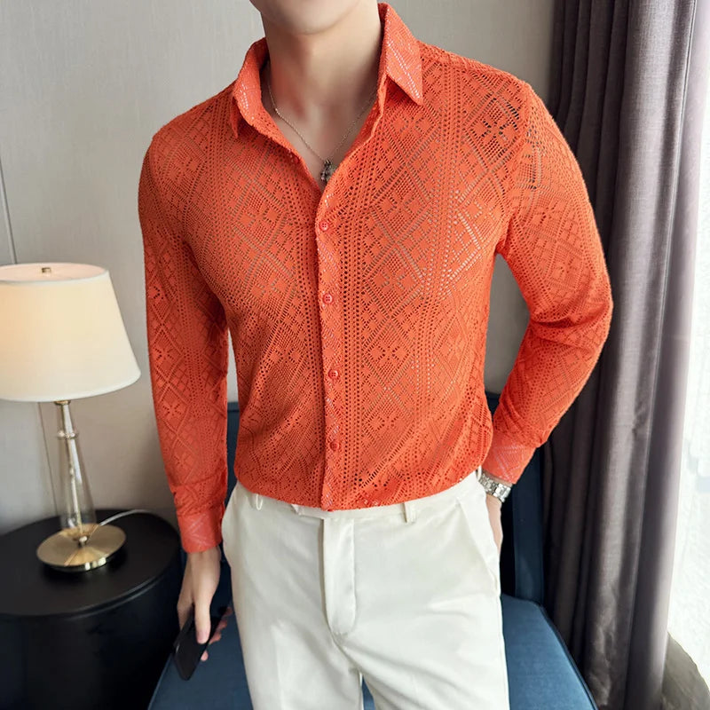 Quality Hollow Shirts For Men Korean Luxury Clothing Fashion Sexy Lace Men's Social Shirt Dress Slim Fit Long Sleeve Prom Tuxedo