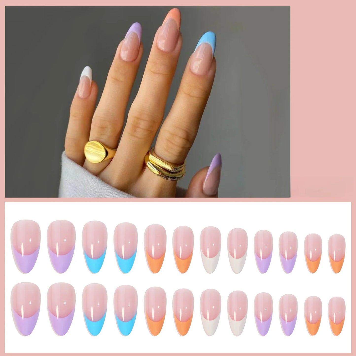 24Pcs Rainbow nail art multi-color fake nail French tip  long almond press on nail