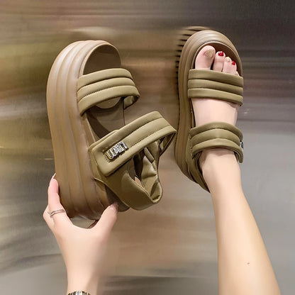 2025 Summer Women Chunky Sandals Leather High Platform Trainers Breathable Casual Slippers Shoes Woman 8.5CM Heels Wedge Sneaker