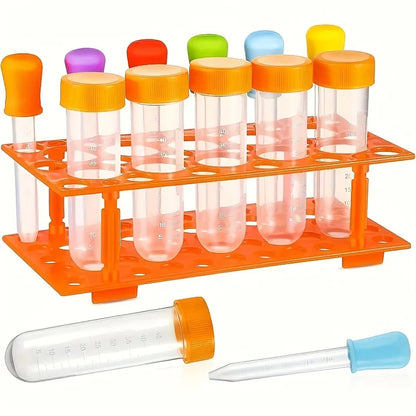 Sports skill development tool kit, including extra large test tubes, colored silicone droppers, durable orange storage boxes and