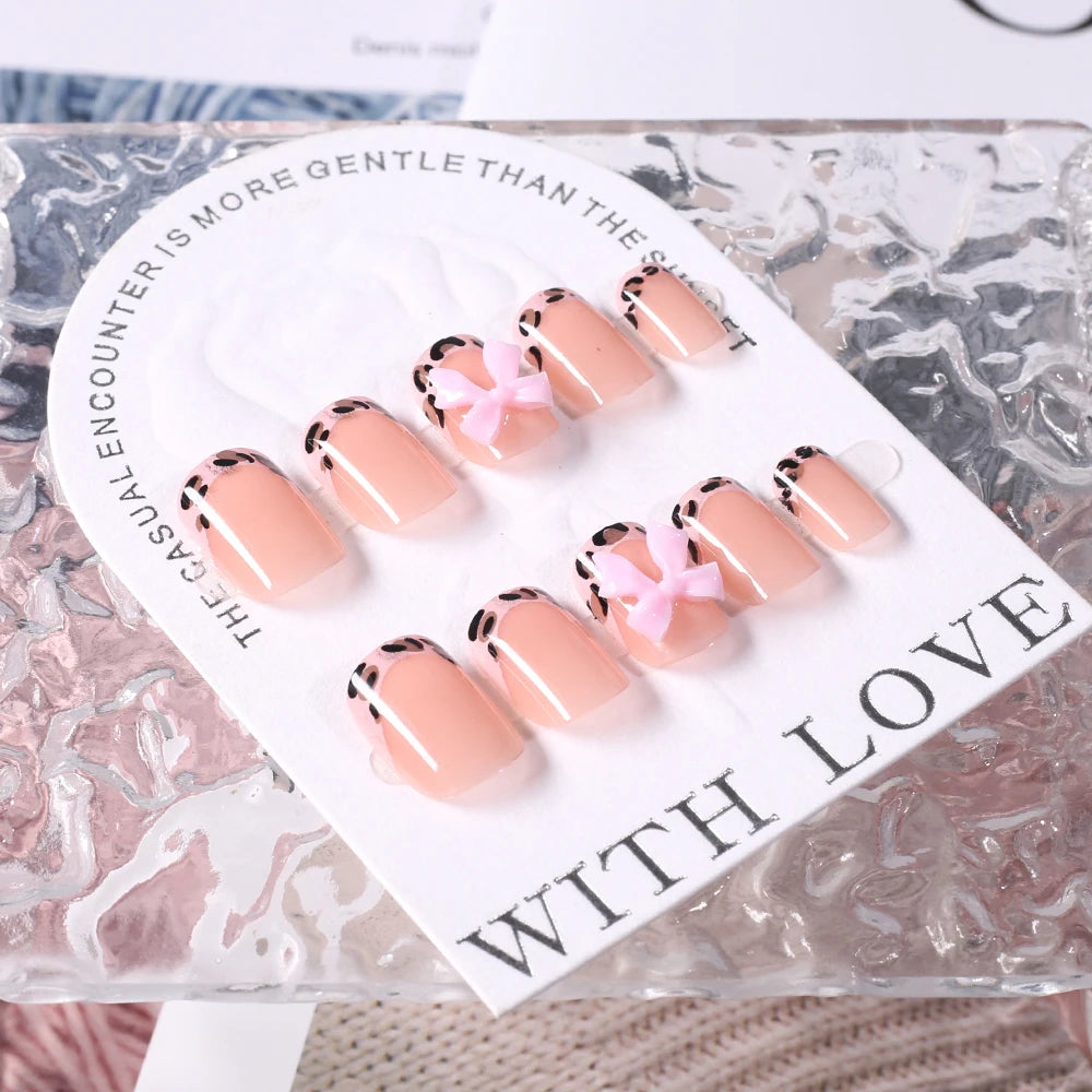 24Pcs Pink Leopard Print French Tips False Nails Short Square Head 3D Black Bowknot Fake Nails Acrylic Full Cover Press on Nails