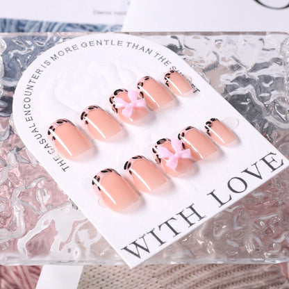 24Pcs Pink Leopard Print French Tips False Nails Short Square Head 3D Black Bowknot Fake Nails Acrylic Full Cover Press on Nails