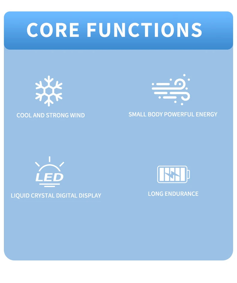 Digital display handheld fan with outdoor portability, USB rechargeable, featuring strong wind power, extended battery life.