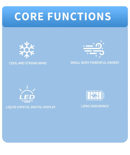Digital display handheld fan with outdoor portability, USB rechargeable, featuring strong wind power, extended battery life.