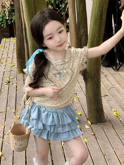 Baby Set 2025 Short Sleeved T-shirts New Summer Floral Top for Girls Solid Cake Skirt Two-piece Set