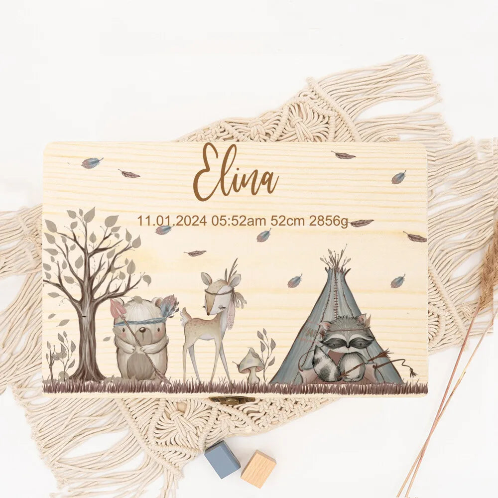 Baby Memory Box As A Gift for A Birth or Baptism Personalized Wooden Keepsake Boxes Newborn Animal with Name Birth Dates Case