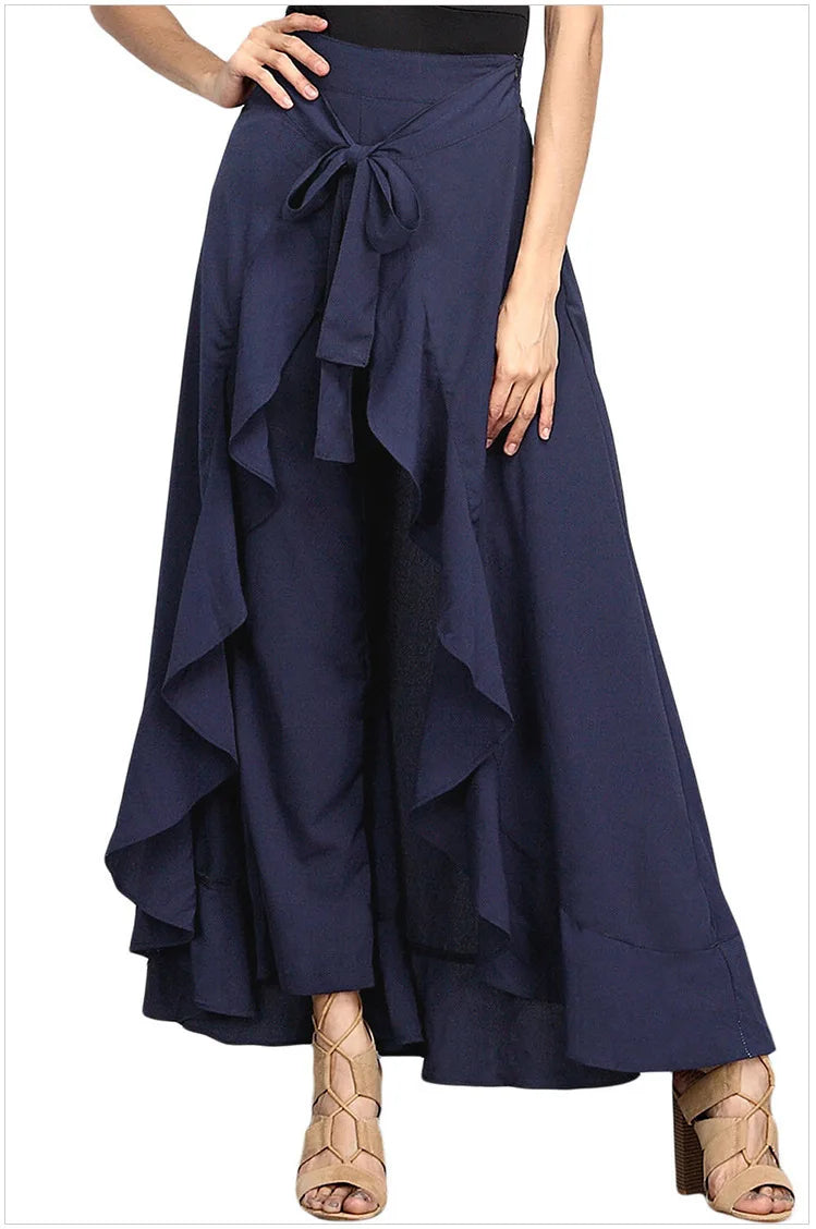 Women Palazzo Pants 2025 Spring Autumn Causal Ruffle Drawstring Trouser Elegant High Waist Irregular Loose Female Pant Skirt