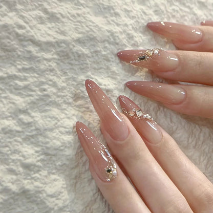 24Pcs Almond Pure Handmade Press On Nails Full Cover Butterfly French Pearl Diamond False Nails Wearable Manicure Nail Tips Art