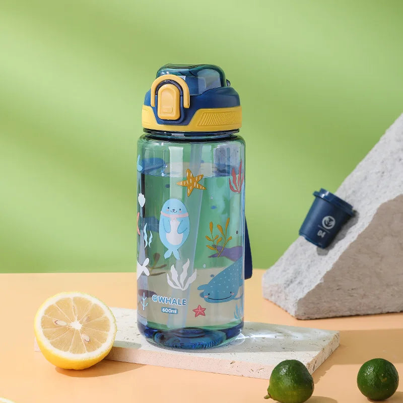 600ml Cartoon Animal Water Bottle Portable Safety Lock Cute Straw Cup Kids Leak-proof Drinking Jug For Outdoor Camping Travel
