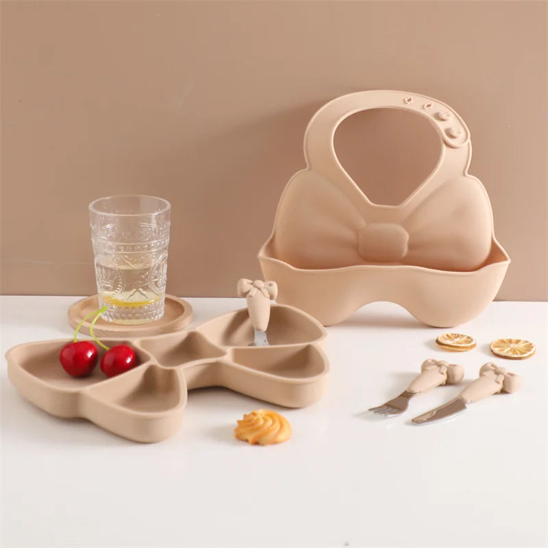 5Pc-Set Baby Cute Silicone Dining Plate Spoon Set for Baby Feeding Bow Bibs Straws Pad Fork Spoon Maternal Infant Supplies Gifts