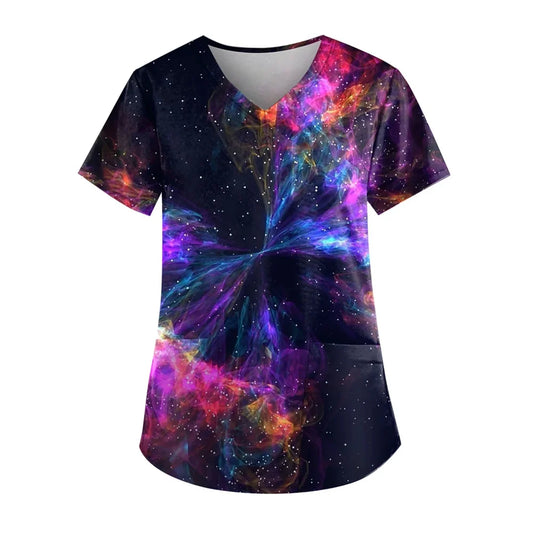 Scrubs Women Graphic with Pockets Short Sleeve Nurse Uniform Scrubs Tops Graphic Print Plus Size Work Clearance Scrub Shirts Sky