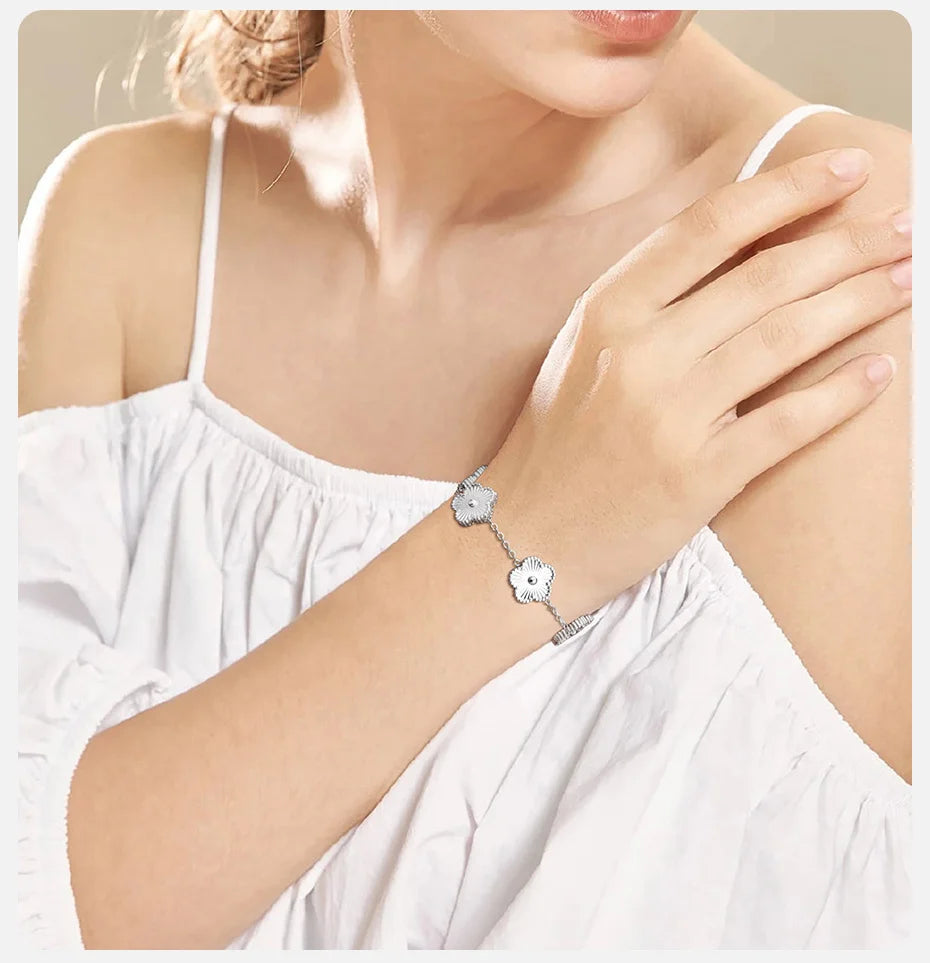 Vnox Stainless Steel Colorful Clover Cute Hand Bracelet For Woman Fashion Five Leaf Flower Lucky Jewelry Accessories Gift To Her