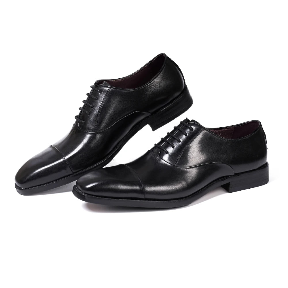 Men's Classic Lace-Up Oxfords Genuine Leather Luxury Office Shoes Solid Cap Toe Wedding Party Formal Dress Footwear for Men