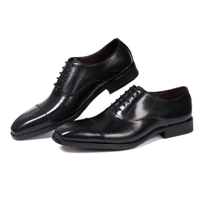 Men's Classic Lace-Up Oxfords Genuine Leather Luxury Office Shoes Solid Cap Toe Wedding Party Formal Dress Footwear for Men