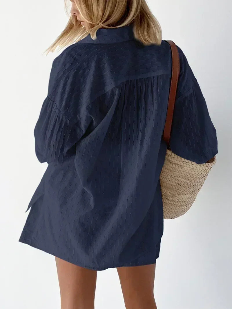 Casual Loose Women Short Two Piece Set Suit Fashion Blouse Long Sleeve Shirt Lady Simple Style Shorts Streetwear Blouse Tops