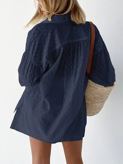 Casual Loose Women Short Two Piece Set Suit Fashion Blouse Long Sleeve Shirt Lady Simple Style Shorts Streetwear Blouse Tops