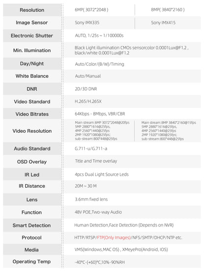 XMeye 6MP 8MP 3.6mm Security POE Audio Red&Blue Warning Lights Onvif Video Surveillance Security