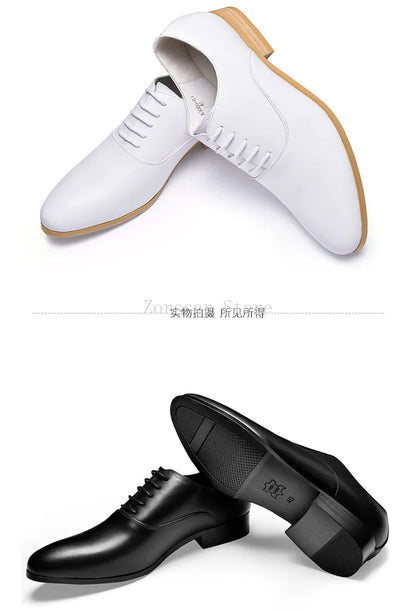 3CM Heels Men Wedding Shoes Genuine Leather White Black Oxford Dress Business Suit Shoe Lace Up Point Toe Formal Shoes Handmade