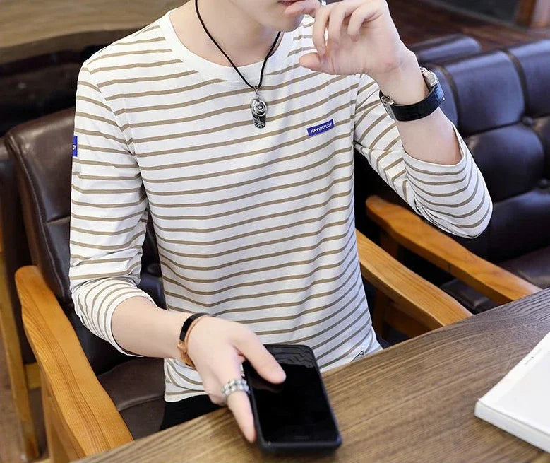 T Shirts for Men Stripe Tops Red Cotton Male Clothes Round Neck Harajuku Fashion Sale High Brand Regular Fit It Full Sleeve Tee