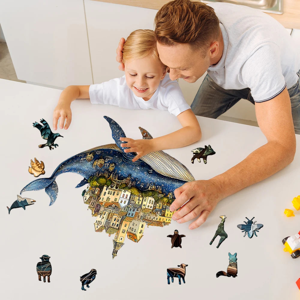 Artisan Whale Castle Wooden Puzzle – Handcrafted Animal Village, Intermediate Challenge & Marine Wall Art – Portable Family Game