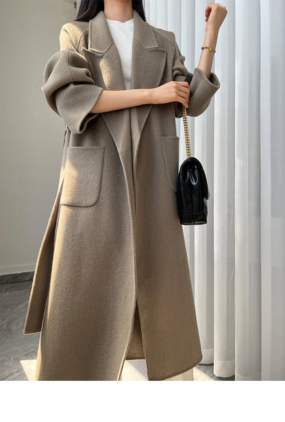 Office Lady Woolen Jackets 2024 Autumn And Winter Bathrobe Style Pocket Double-Sided Loose Lace -Up Tie Women's Long Wool Coats