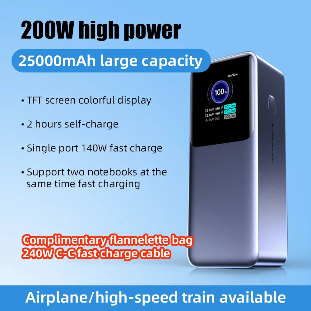 200W PD3.1 Power Bank 25000mAh with TFT Color Screen, 100W Fast Charging for Laptop and Phone, Portable Power Bank