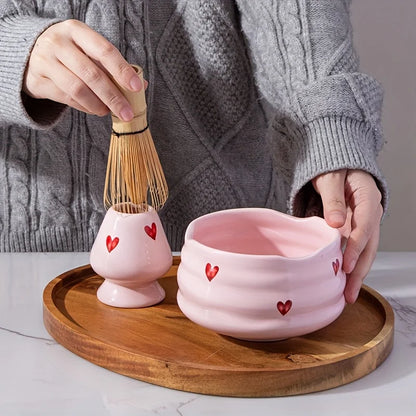 5pcs Pink Heart Decal Ceramic Matcha Set, Cute Matcha Set Includes Matcha Bowl, Matcha Whisk and Holder, Bamboo Scoop, Sifter