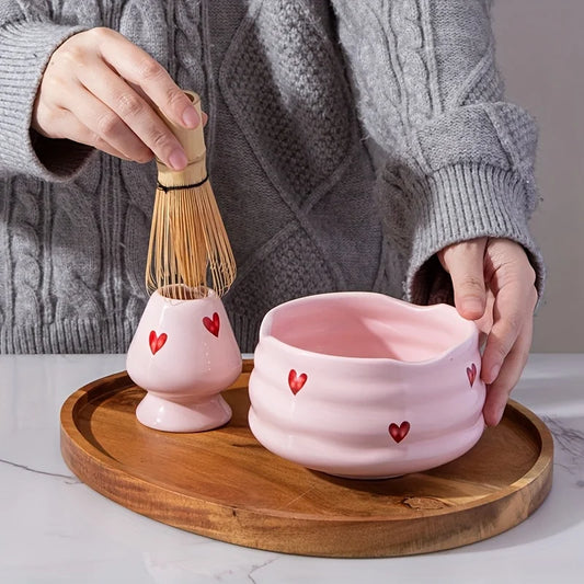 5pcs Pink Heart Decal Ceramic Matcha Set, Cute Matcha Set Includes Matcha Bowl, Matcha Whisk and Holder, Bamboo Scoop, Sifter