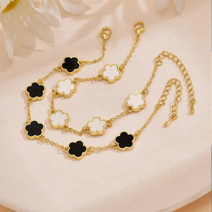 High Quality Five-leaf Flower Shell Stainless Steel Bracelet For Women Black And White Couple Holiday Bracelet Party Jewelry INS