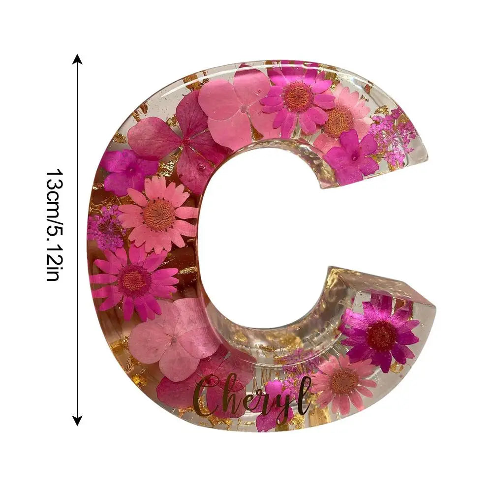 Floral 26 Letters Night Lights Decorative Resin Lamp with Initial Letter & Dry Flower Creative Table Light Night Lamp Glowing