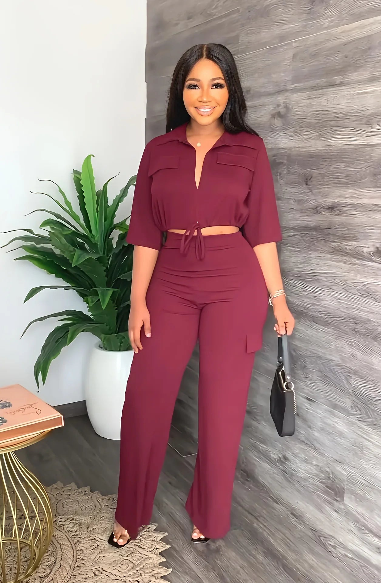 Elegant Office Women Two Piece Sets Autumn V Turn-down Neck Half Sleeve Drawstring Lace Up Short Shirt + Wide Leg Trousers Set