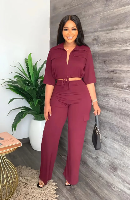 Elegant Office Women Two Piece Sets Autumn V Turn-down Neck Half Sleeve Drawstring Lace Up Short Shirt + Wide Leg Trousers Set