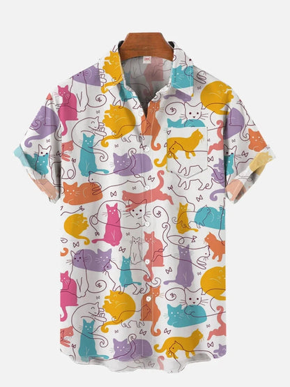 Blue Hawaiian Cute Cats 3d Print Shirts Men Fashion Hawaiian Shirt Beach Blouses Short Sleeve Blouse Vocation Lapel Shirt Boy