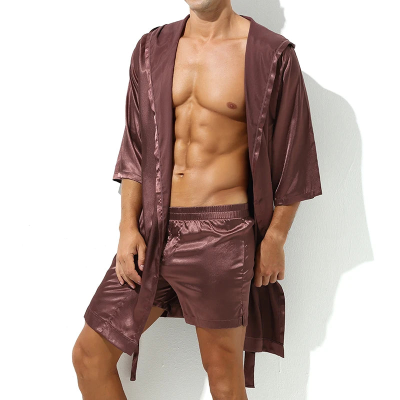 Men's Sleepwear Robe Night Clothes Silk Kimono Bathrobe Men Hooded Szlafrok Pajamas Peignoir Sleeve Ropa Sexy Hombre Man's Gown