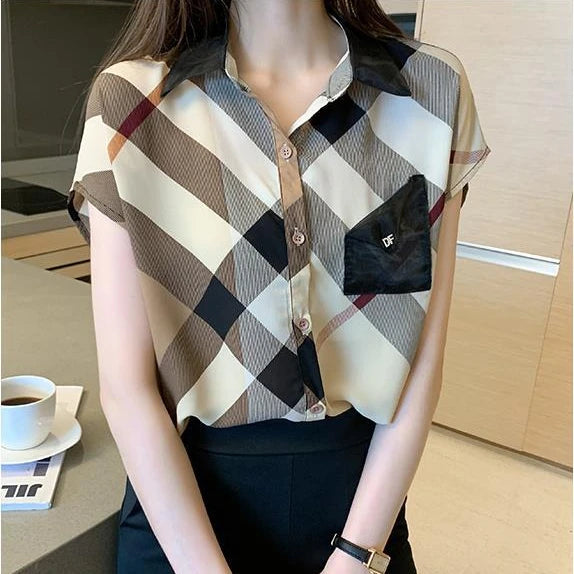 Office Wear Short Sleeve Chiffon Casual Pretty and Cheap Women's Blouses Korean Plaid Youth Woman Buttoned Shirts Trends Top Hot
