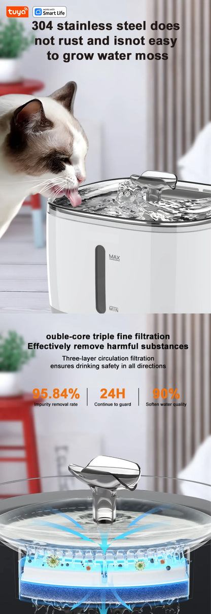 Cat Water Fountain, 2.5L/84oz Tuya Smart App Pet Water Fountain,Automatic Water Dispenser for Cats Inside with SUS304 Bowl