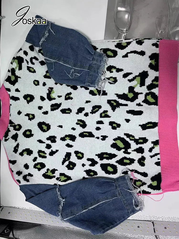 Joskaa Women Knitted Oversized Sweaters Y2k Denim Patchwork Leopard V-neck Long Sleeve Cardigans Coat Female Outwear Streetwear