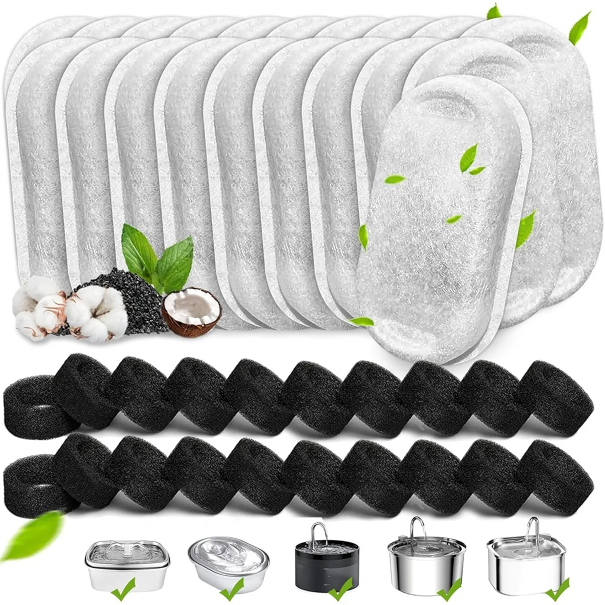 XFDZ 40PCS Cat Water Fountain Filters for 67oz/2L and 108/3.2L Stainless Steel Pet Fountain Cat Replacement Filters Sponges