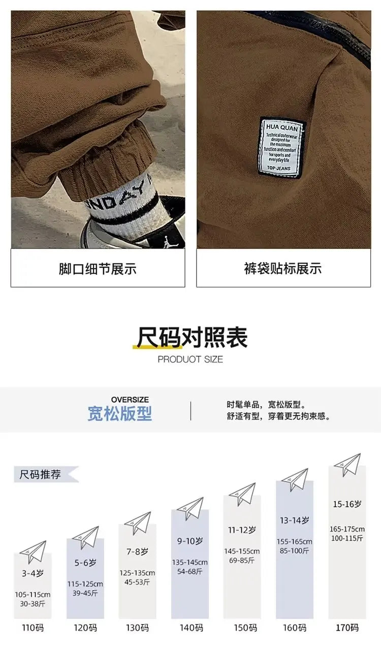 Boys Spring Autumn Children's Clothing Cargo Pants Children's Casual Large Size Sweatpants Boys Fashion Fake Zippers Cargo Pants