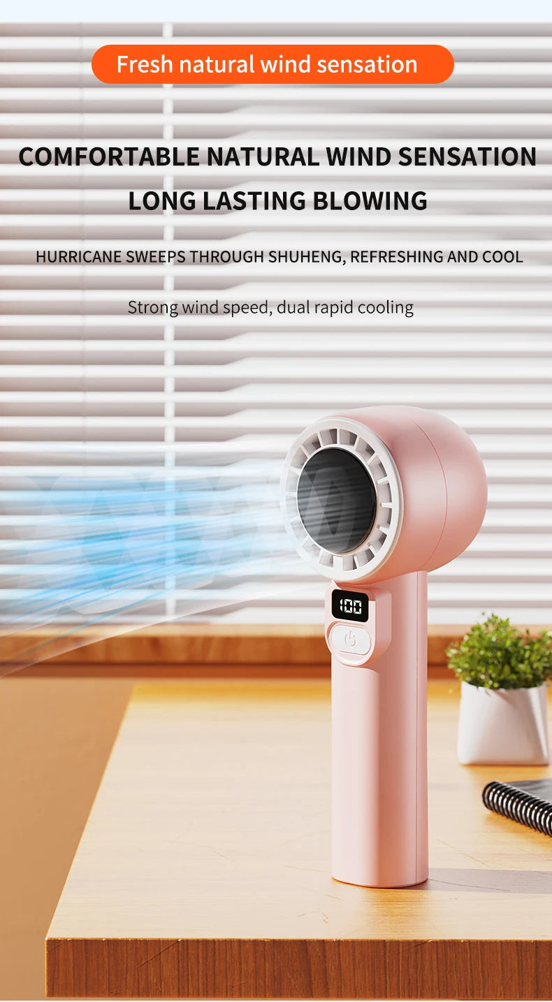 Digital display handheld fan with outdoor portability, USB rechargeable, featuring strong wind power, extended battery life.