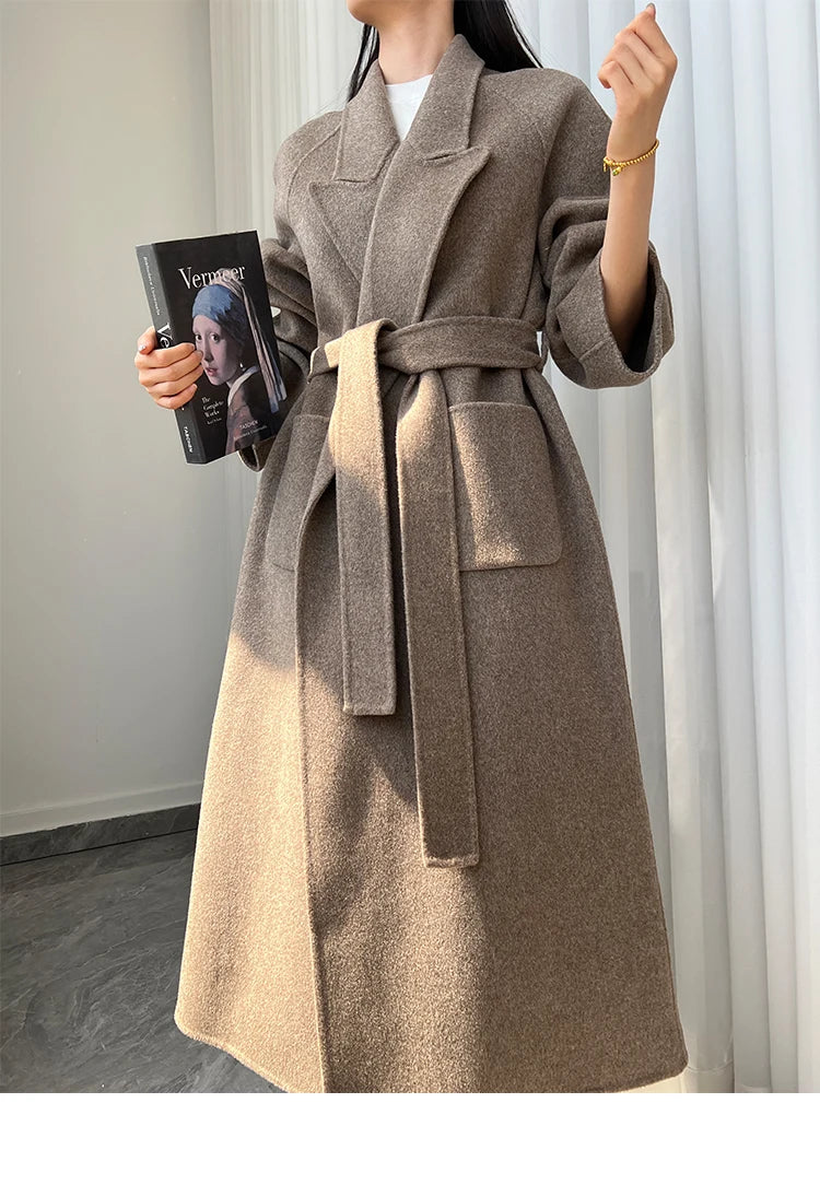 Office Lady Woolen Jackets 2024 Autumn And Winter Bathrobe Style Pocket Double-Sided Loose Lace -Up Tie Women's Long Wool Coats