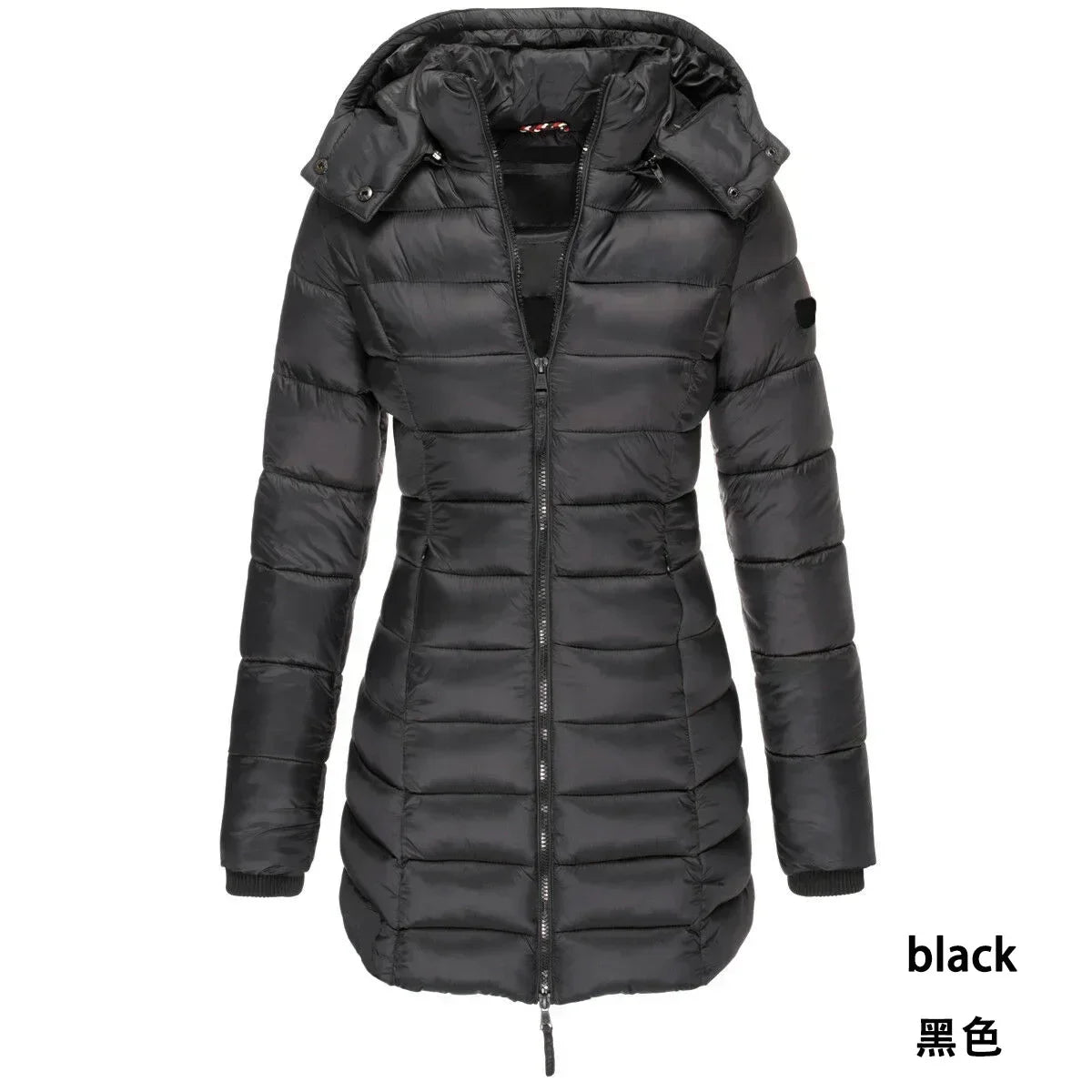 Winter Women's Cotton Jacket Medium Length Slim Fitting Cotton Jacket Warm Solid Hooded Cotton Jacket