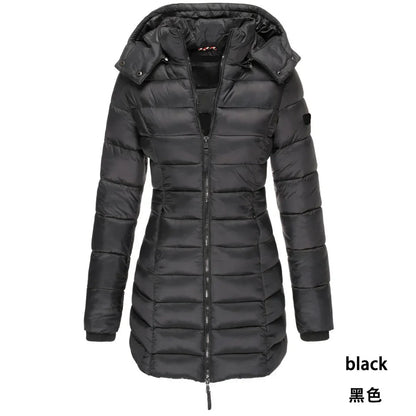 Winter Women's Cotton Jacket Medium Length Slim Fitting Cotton Jacket Warm Solid Hooded Cotton Jacket