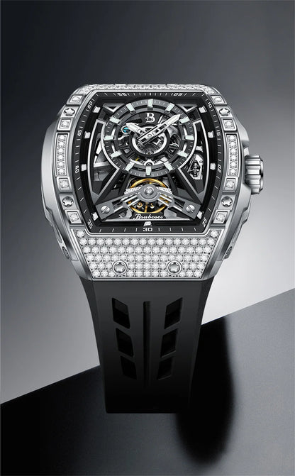 Men Mechanical Winding Watch Montre Homme 2024 New BRUBOSES 5ATM Water Resistant Luminous Tonneau Quartz Wristwatch WIth Diamond