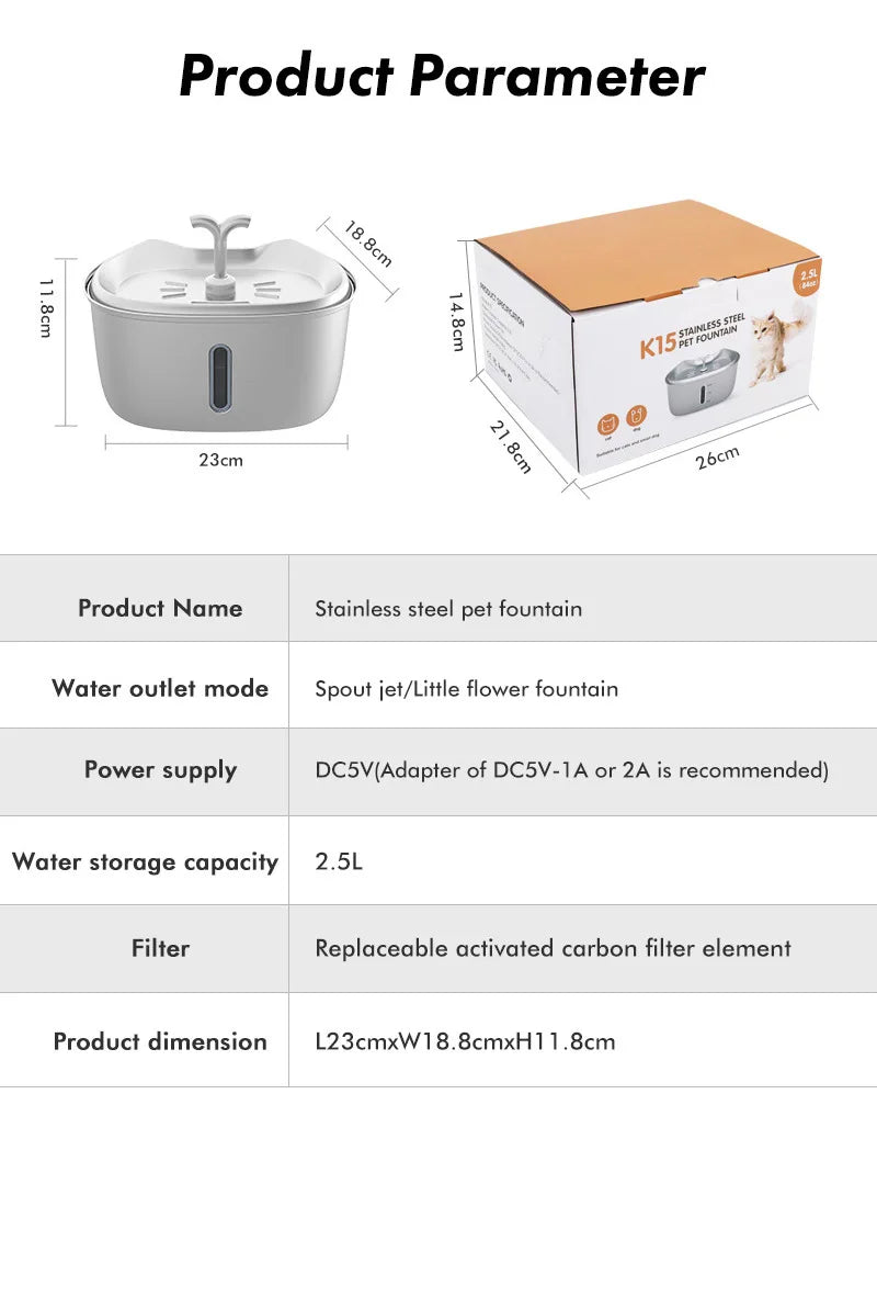 Stainless Steel Pet Water Feeder Cat Automatic Water Fountain USB Electric Mute for Cat Dog Filter Fountain Smart Drinking Bowl