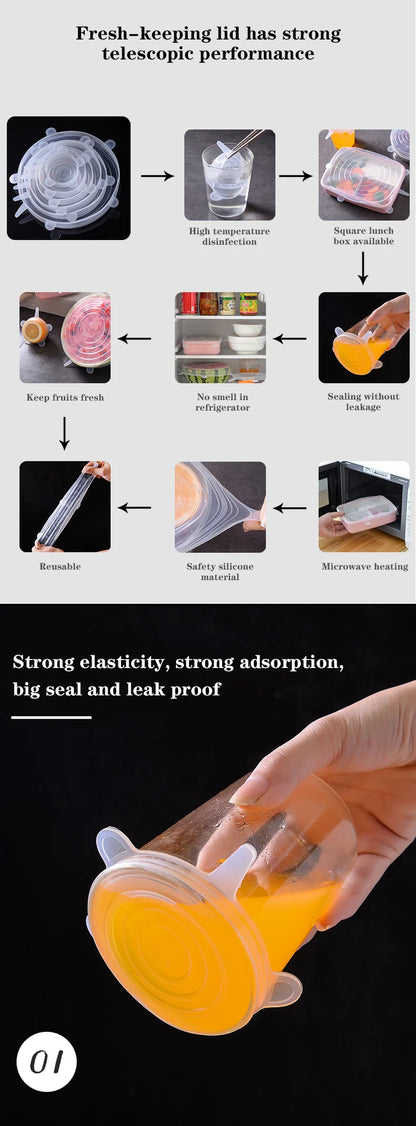 6PCS Adaptable Lid Silicone Cover Food Caps Elastic Stratchy Fresh Microwave Lids Stretch Silicone Cover for Kitchen Accessories